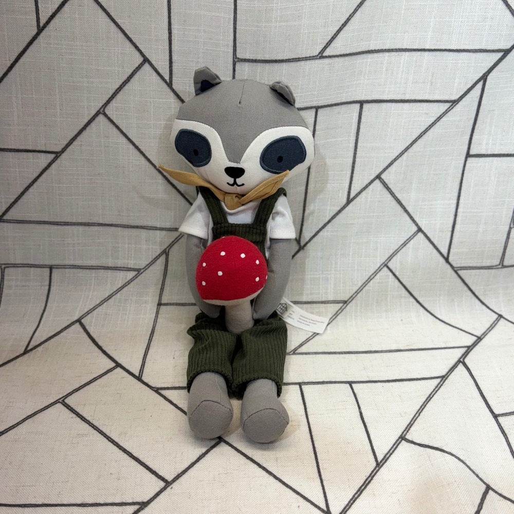 Hearth & Hand Raccoon Plush 13" Grey Green Mushroom Overalls Toy